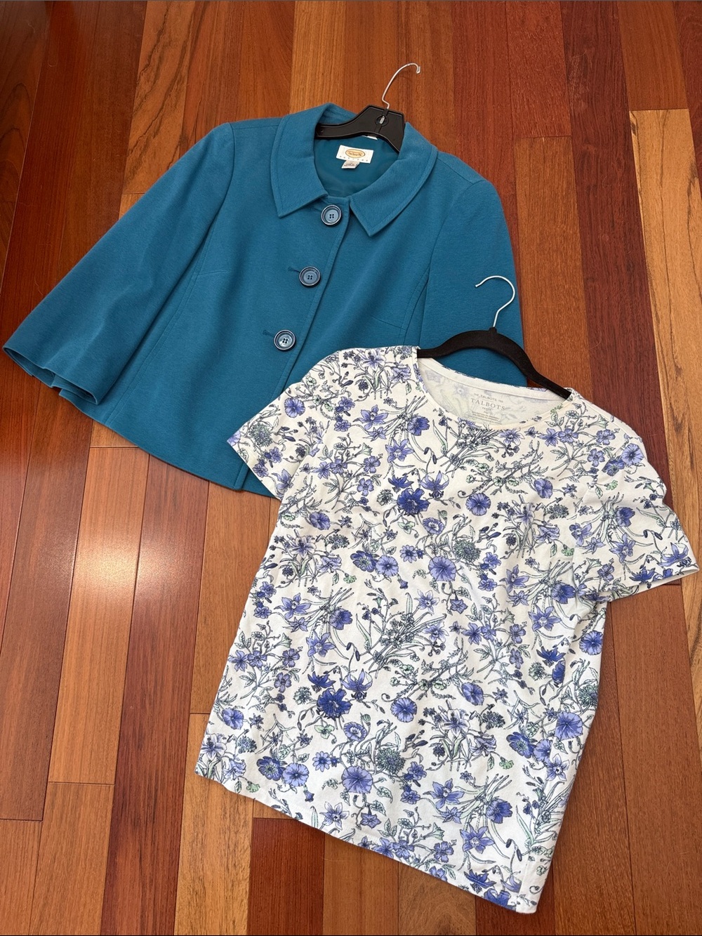 Talbots Teal Cropped Jacket with White Floral Blue Tee